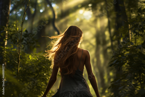 Lost in the forest, a woman finds solace in the tranquility of nature