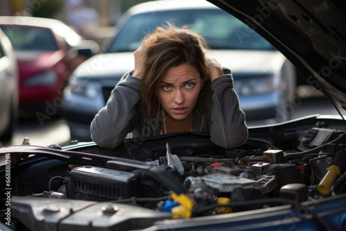 Shocked woman grips her head, stunned by her vehicle's sudden failure