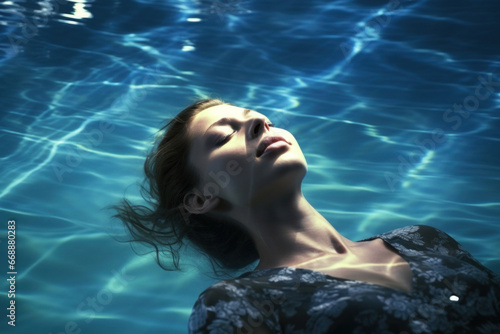 A serene woman peacefully floats in the water, her face reflecting tranquility © Konstiantyn Zapylaie