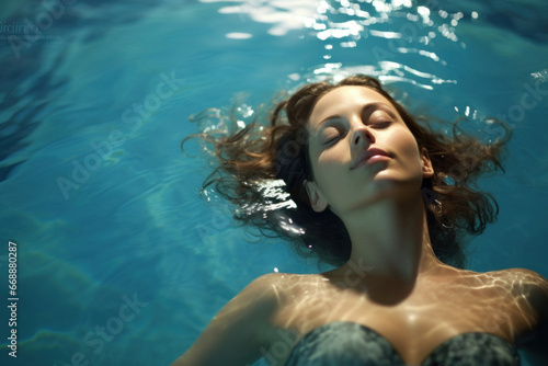 In calm waters, a woman lies placidly, wearing a serene expression
