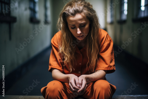 Seated in dejection, a woman inside jail wears a sorrowful countenance