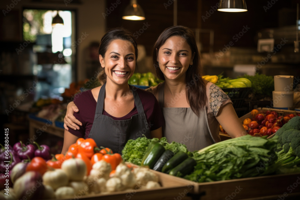 A duo of female vendors wearing smiles of satisfaction, standing amidst a colorful array of fruits and vegetables in their market stall