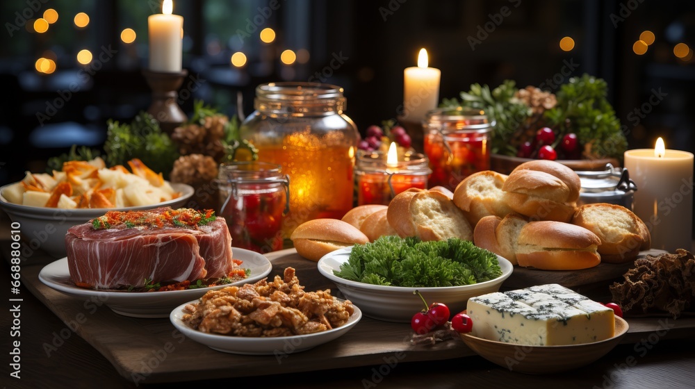 Christmas dinner table full of dishes with meat and vegetables. In the background is New Year's decor. The table is decorated with fir branches, garland lights, in a dark style Christmas dinner table full of dishes with meat and vegetables. In the background is New Year's decor. The table is decorated with fir branches, garland lights, in a dark style