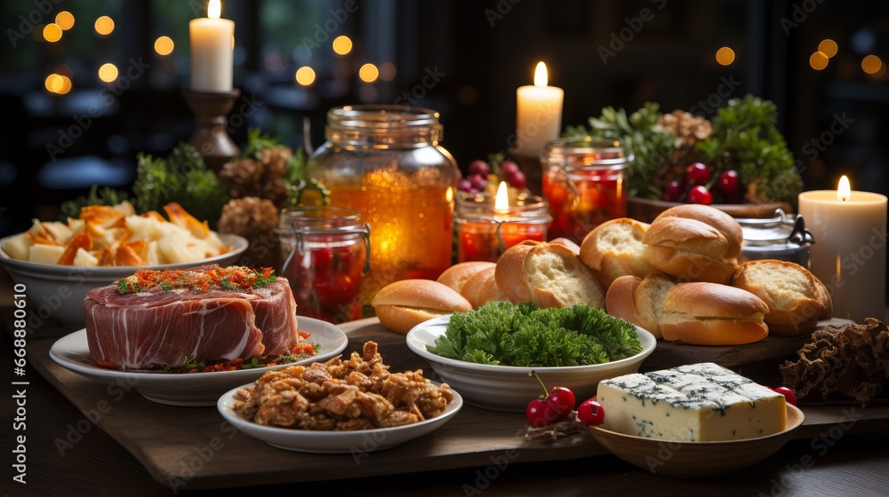 Christmas dinner table full of dishes with meat and vegetables. In the background is New Year's decor. The table is decorated with fir branches, garland lights, in a dark style