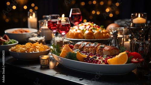 Christmas dinner table full of dishes with meat and vegetables. In the background is New Year's decor. The table is decorated with fir branches, garland lights, in a dark style