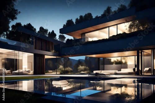 Modern Villa Exterior In Summer in night