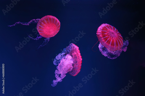 Group of fuorescent jellyfish swimming underwater aquarium pool with pink neon light. The South American sea nettle chrysaora plocamia in blue water, ocean. Theriology, tourism, diving, undersea life