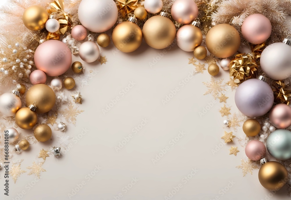 Christmas background with fir tree and christmas decoration elements. Top view with copy space Christmas background with fir tree and christmas decoration elements. Top view with copy space