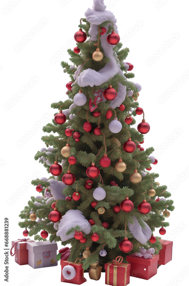 3D Decorated Christmas tree with Gifts, Vector Illustration Clipart.