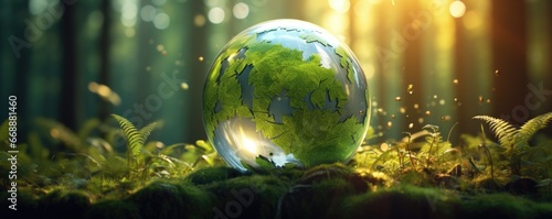 A glass globe sitting on top of a lush green forest. Generative AI. photo