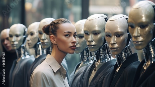 A woman standing in front of a group of robots. Generative AI.