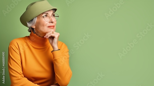 Ältere Frau mit Hut und Pullover blickt nachdenklich 