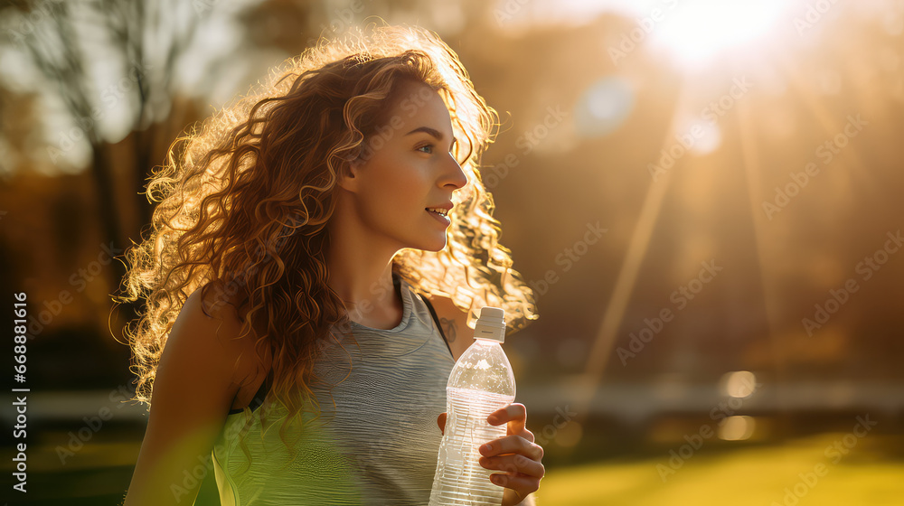 Young woman drink water from a bottle after jogging outside in the street on a sunny day. Water balance in the body during outdoor sports. - obrazy, fototapety, plakaty 