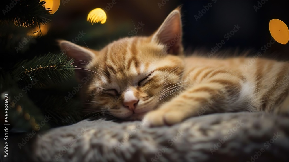 Portrait of a little ginger kitty kitten fluffy domestic cat sleepping next to the Christmas tree fir branches. Magic Christmas night with garland lights. New Year Eve and Merry Christmas holiday