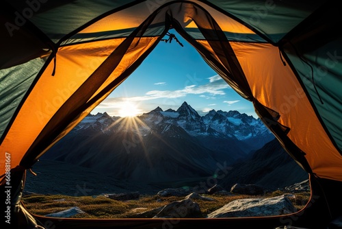 View of beautiful landscape through the door tent