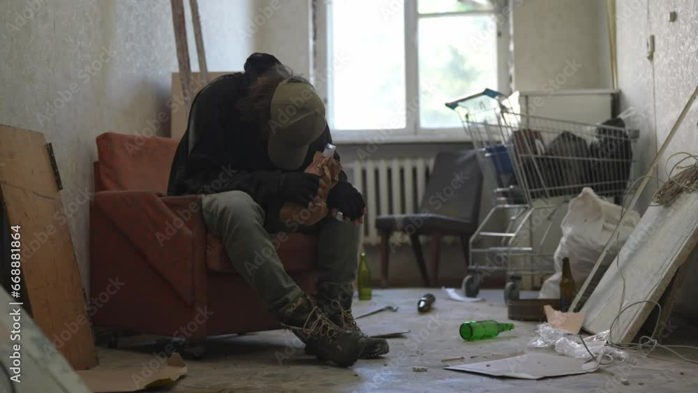 Homeless poor man sitting in a room of an abandoned building filled with his meager belongings. He drinks alcohol from a bottle, looking frustrated. Homeless poor man sitting in a room of an abandoned building filled with his meager belongings. He drinks alcohol from a bottle, looking frustrated.