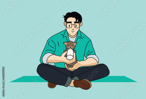 Person Raising, Fostering Orphaned baby Kitten, Sitting On Lap, Feeding with A Bottle of Milk For Healthy Nourishment 