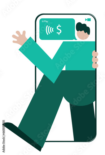 Person Steps Out of Cell Phone Making An Easy Contactless Payment and Cashless Payment
