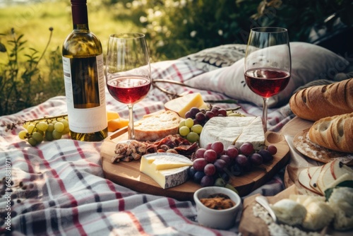 A picnic blanket with wine, cheese, bread, and grapes. Generative AI.