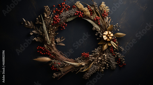 Elegant Autumnal and Fall Wreath with Dried/Live Flowers, Leaves, and Berries -  Dark, Moody, Textured Vintage Background with Copy Space - Overhead Flat Lay View - Thanksgiving Winter Holiday Concept