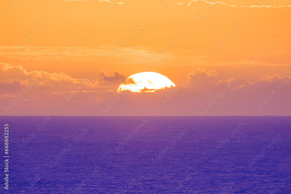 Amazing sunset on the ocean on the Canary Island Fuerteventura, Spain.
