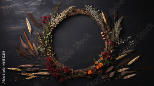 Elegant Autumnal and Fall Wreath with Dried/Live Flowers, Leaves, and Berries -  Dark, Moody, Textured Vintage Background with Copy Space - Overhead Flat Lay View - Thanksgiving Winter Holiday Concept