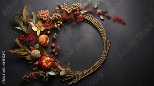 Elegant Autumnal and Fall Wreath with Dried/Live Flowers, Leaves, and Berries -  Dark, Moody, Textured Vintage Background with Copy Space - Overhead Flat Lay View - Thanksgiving Winter Holiday Concept