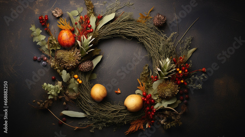 Elegant Autumnal and Fall Wreath with Dried/Live Flowers, Leaves, and Berries -  Dark, Moody, Textured Vintage Background with Copy Space - Overhead Flat Lay View - Thanksgiving Winter Holiday Concept
