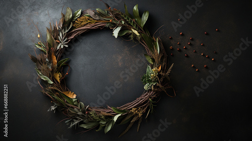 Wallpaper Mural Elegant Autumnal and Fall Wreath with Dried/Live Flowers, Leaves, and Berries -  Dark, Moody, Textured Vintage Background with Copy Space - Overhead Flat Lay View - Thanksgiving Winter Holiday Concept Torontodigital.ca