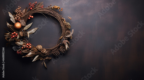 Elegant Autumnal and Fall Wreath with Dried/Live Flowers, Leaves, and Berries -  Dark, Moody, Textured Vintage Background with Copy Space - Overhead Flat Lay View - Thanksgiving Winter Holiday Concept