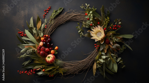 Elegant Autumnal and Fall Wreath with Dried/Live Flowers, Leaves, and Berries -  Dark, Moody, Textured Vintage Background with Copy Space - Overhead Flat Lay View - Thanksgiving Winter Holiday Concept