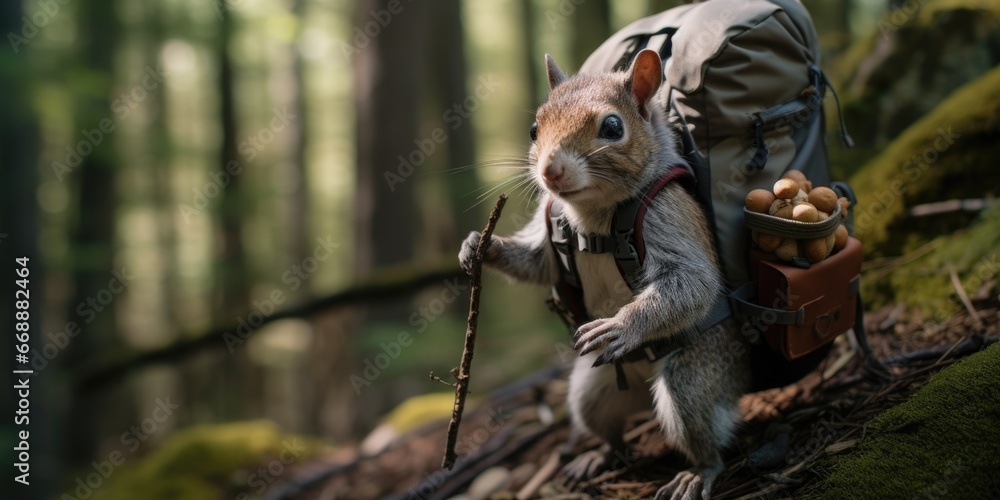 A tourist squirrel with a backpack on its back. Generative AI.