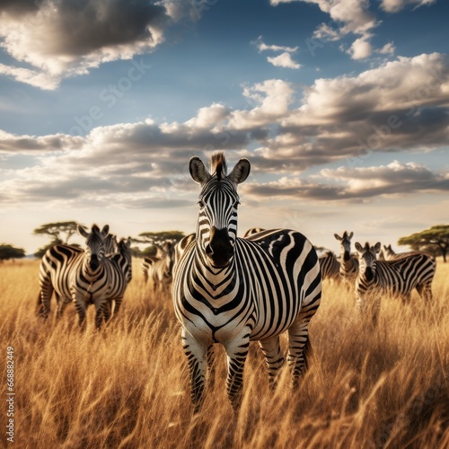 A herd of zebra standing on top of a dry grass field. Generative AI.