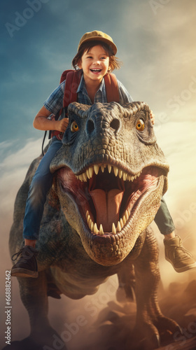 A young boy riding on the back of a dinosaur. Generative AI.
