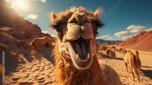 Camel smiling in the desert photo