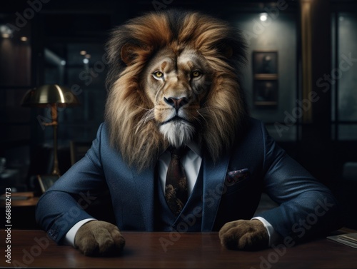A lion in a suit sitting at a desk. Generative AI.