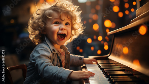 cute little girl with piano at home, playing photo
