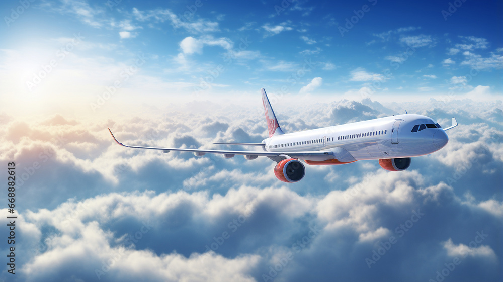 Fototapeta premium Airplane flies above the clouds
