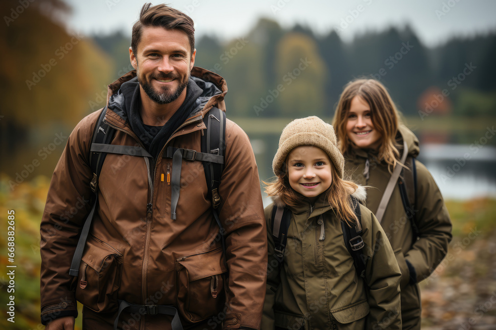 A family enjoying a day in the outdoors, promoting the value of connecting with nature and the importance of its conservation in combating climate change. Generative Ai.