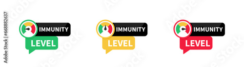 Immunity level measuring device icon set. Color scale with arrow from red to green. Sign tachometer, speedometer, indicators. Colorful infographic gauge element. Vector illustration