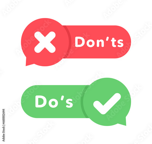 Do's and don'ts icon in flat style. Do and do not red and green icon. Good and bad icons positive and negative symbols. Green check mark and red cross icon. Vector illustration