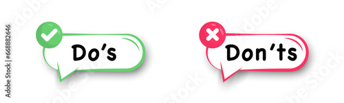 Do's and don'ts icon in flat style. Do and do not red and green icon. Good and bad icons positive and negative symbols. Green check mark and red cross icon. Vector illustration