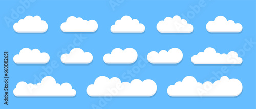 Set of cloud icons in trendy flat style isolated on blue background. Cloud icon, cloud shape. Collection of cloud icons, shapes, labels, symbols. Cloud symbol for your website design, logo, app, UI.