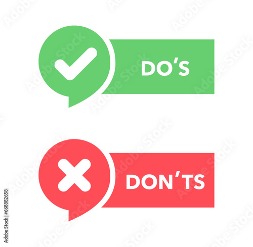 Do's and don'ts icon in flat style. Do and do not red and green icon. Good and bad icons positive and negative symbols. Green check mark and red cross icon. Vector illustration