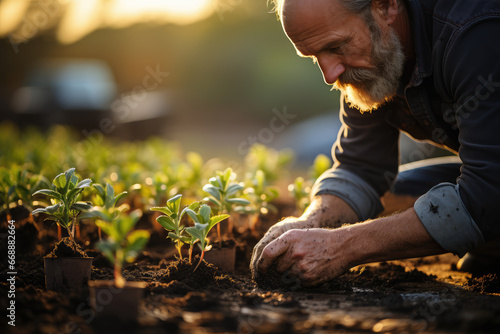 A farmer planting drought-resistant crops, emphasizing the need for climate-resilient agriculture practices. Generative Ai. © Sebastian