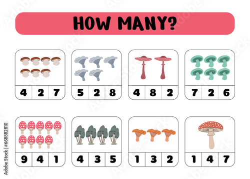 Count how many mushrooms. Write down the answer. Educational games for children. Preschool worksheet activity, count and choose an answer, vector illustration