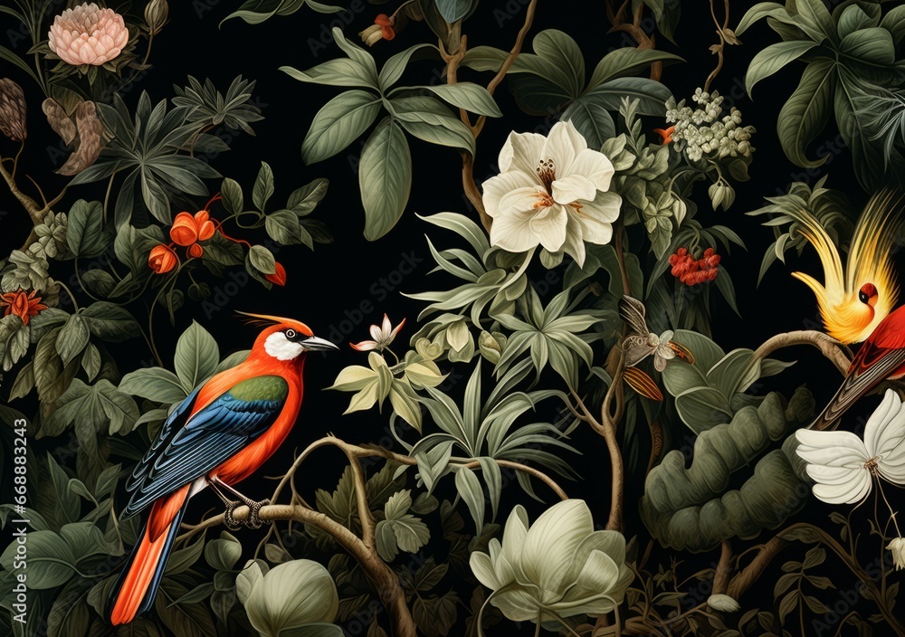 a colorful bird on branch with flowers - obrazy, fototapety, plakaty 