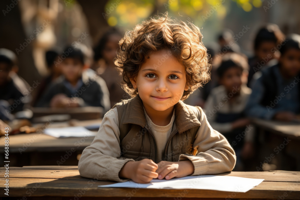 © Sebastian - A child from an underprivileged community receiving free education at a local school, illustrating the importance of access to quality education in poverty reduction. Generative Ai.