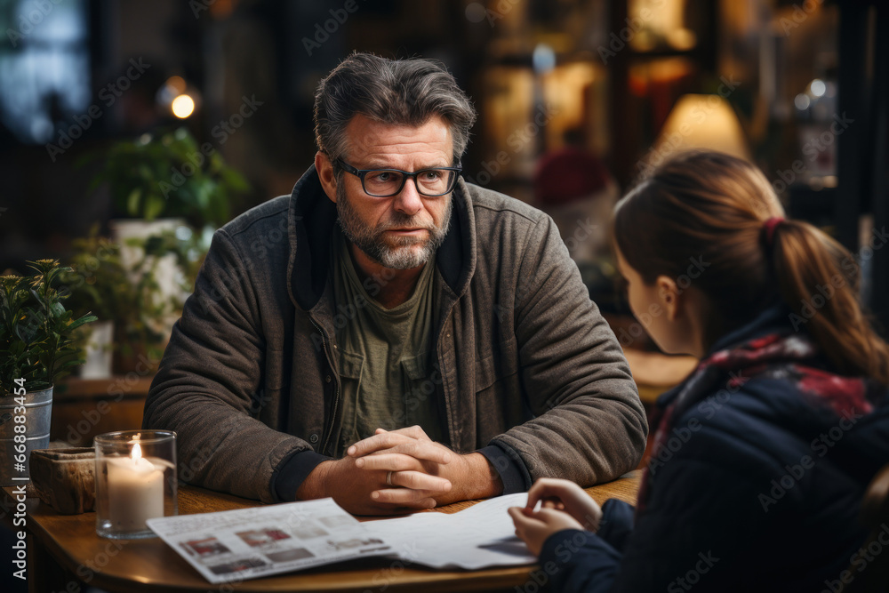 A social worker providing counseling and support to a family facing financial hardship. Concept of mental health and poverty assistance. Generative Ai.