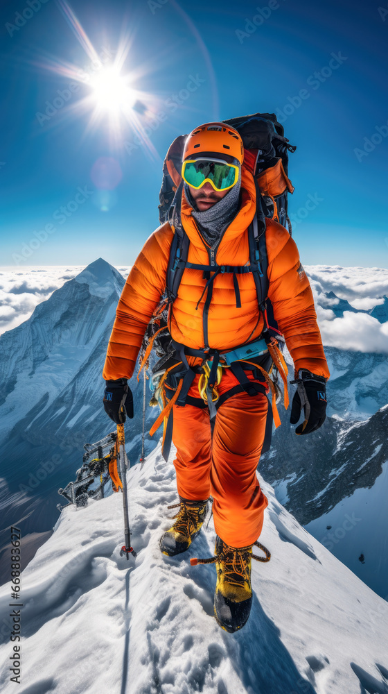 A climber hiking on the slope of mount everest in a orange protective gear.